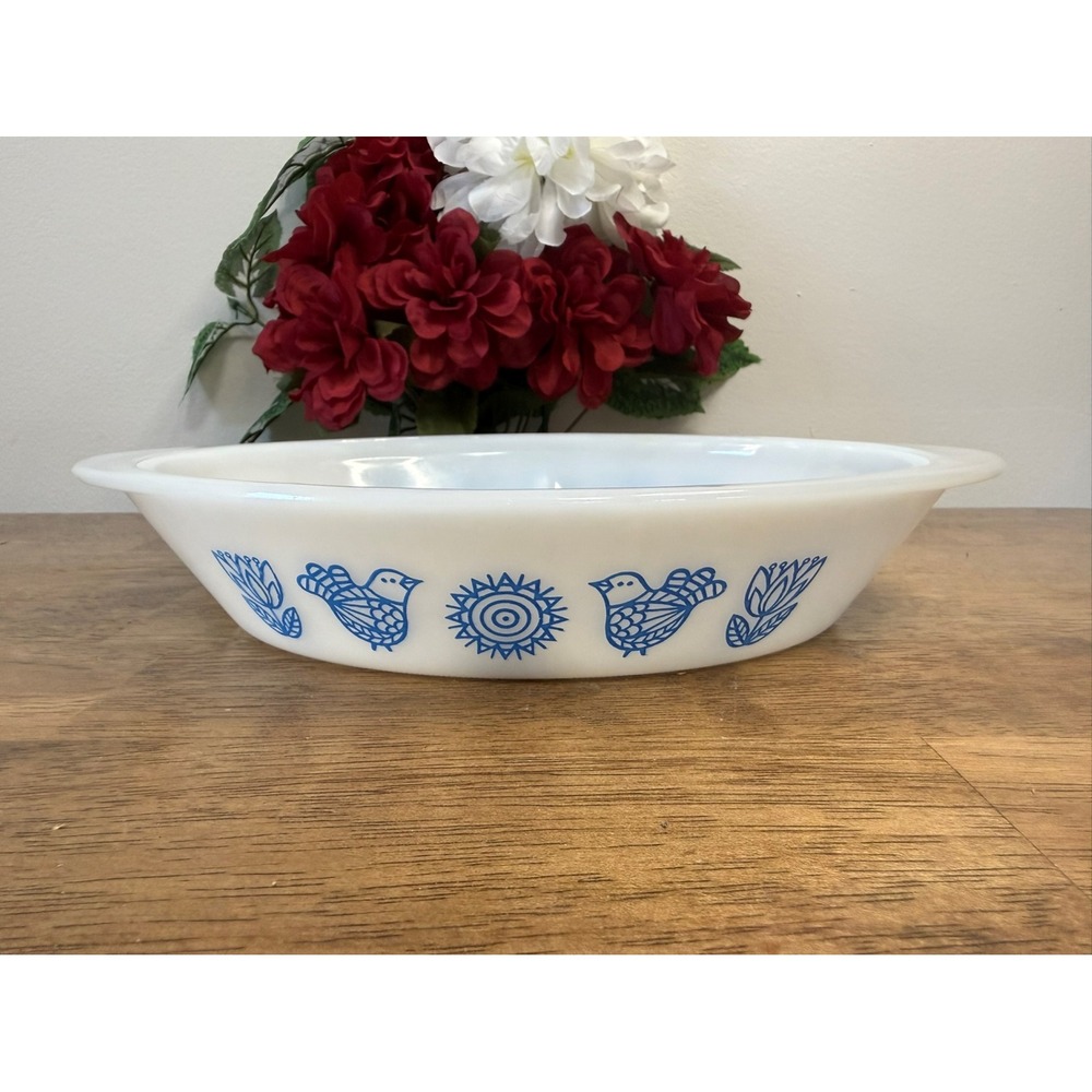Vintage Glasbake Blue Bird Divided Milk‎ Glass Serving Bowl USA MCM Kitchen
